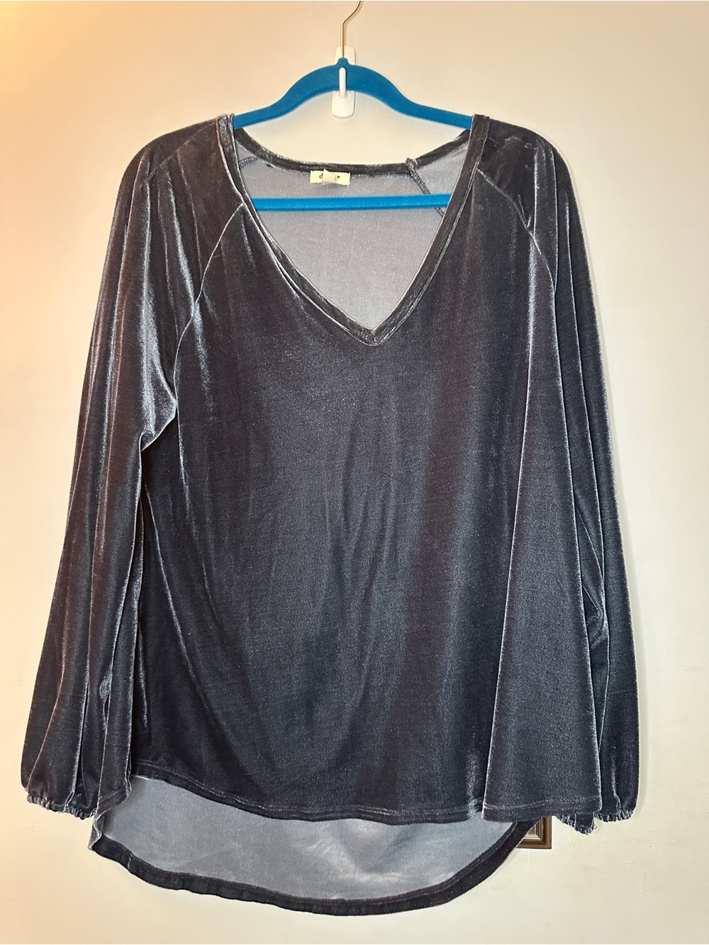 Velvet V-Neck Long Sleeve Top - Blue Gray Dylan
